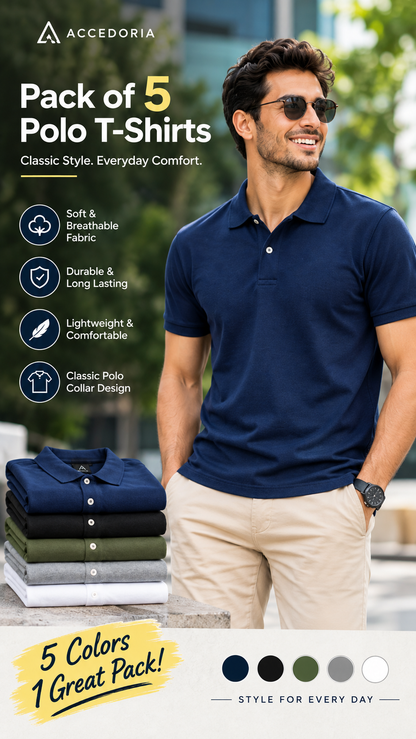 Pack of 5 Polo T-Shirts for Men | Accedoria