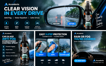 Car Glass Anti Fog Hydrophobic Coating Spray |Rainproof, Streak-Free Automotive Cleaner | Multipurpose Windshield